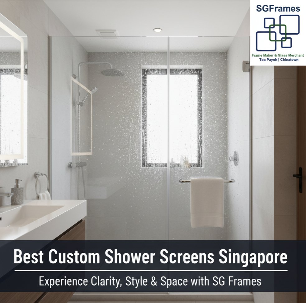 Best Custom Shower Screens Singapore - Luxurious, modern bathroom featuring a frameless custom glass shower screen and contemporary fixtures. SG Frames logo in the top right corner.
