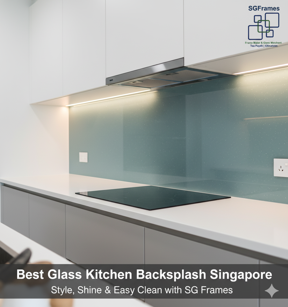 Best Glass Kitchen Backsplash Singapore - Highly attractive, modern kitchen featuring a seamless, light-colored glass backsplash. SG Frames logo in the top right corner.